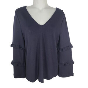 Ann Taylor Top Womens Small Navy Blue V Neck Ruffle Sleeve Blouse Classic Knit